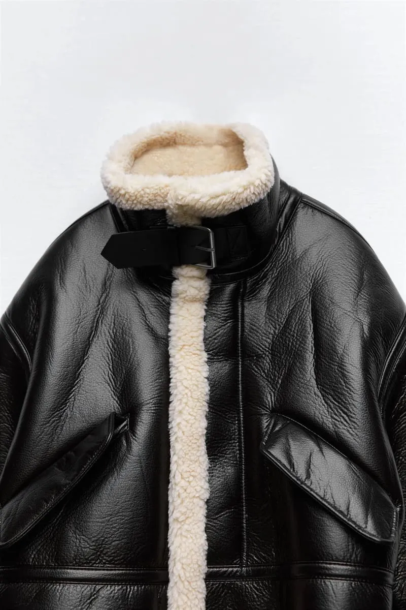 Women's Black Leather Shearling Aviator Jacket