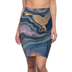 Womens Pencil Skirt - Blue Pink Gold Abstract Marble Swirl Pattern