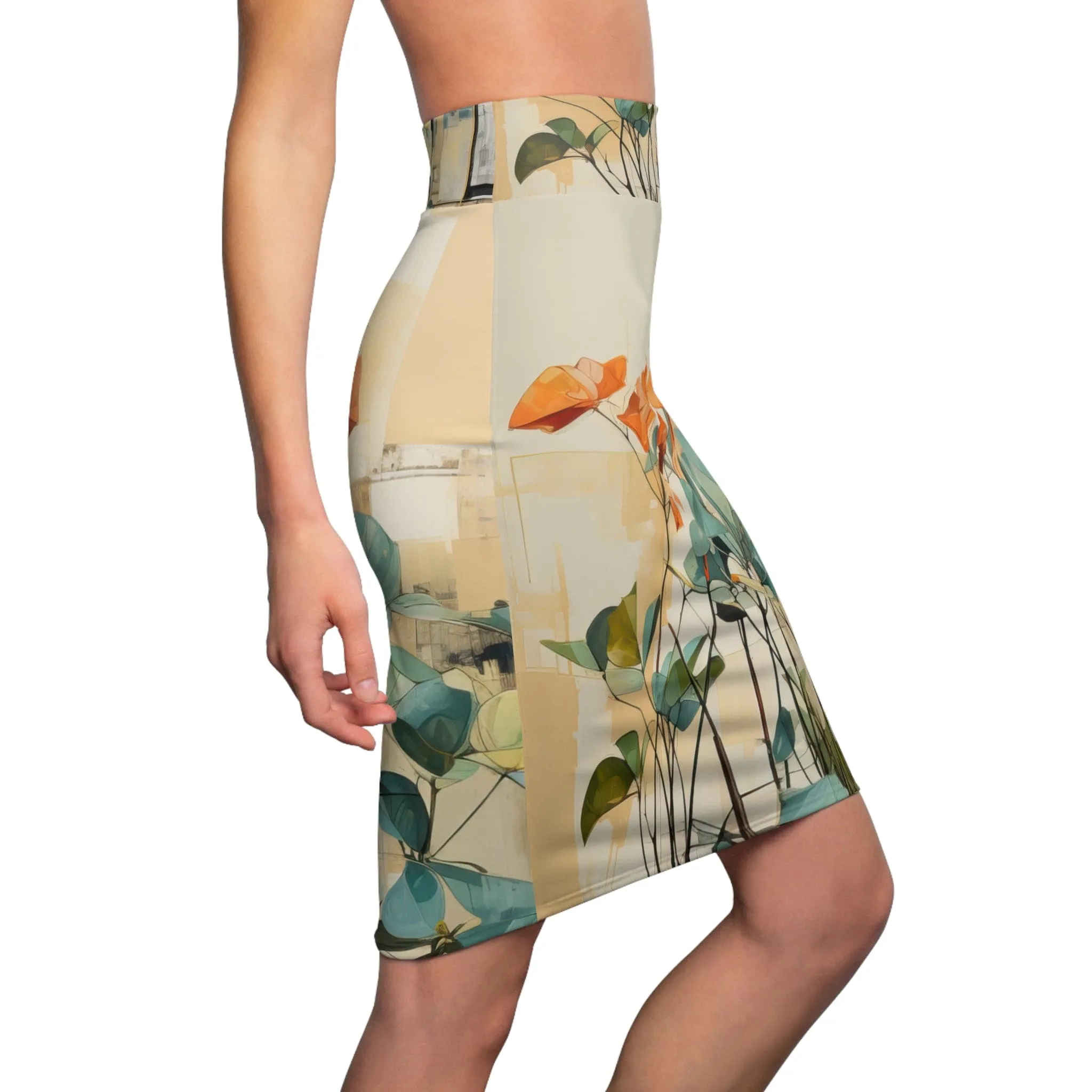 Womens Pencil Skirt - Contemporary Botanical Earthy Rustic Plant Print