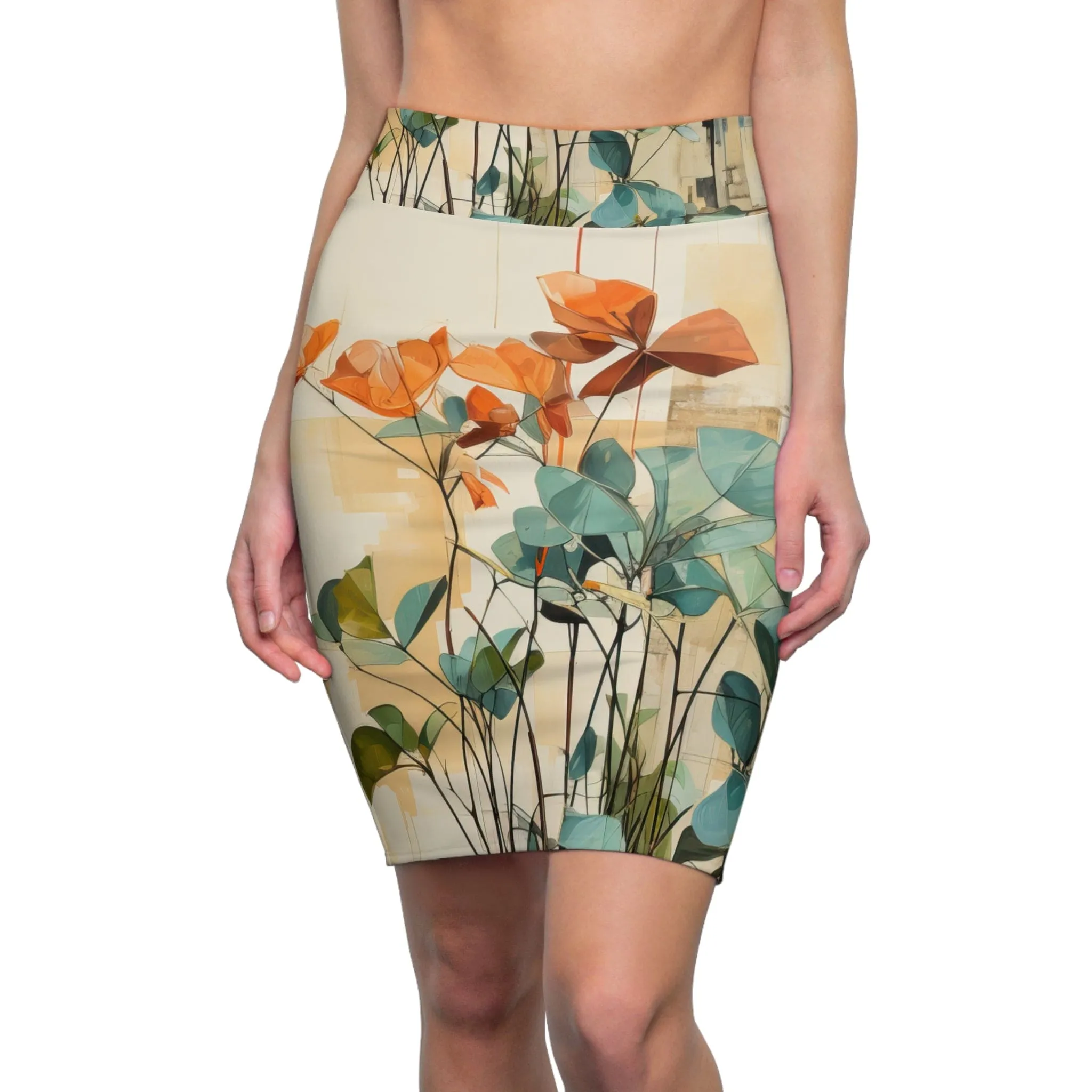 Womens Pencil Skirt - Contemporary Botanical Earthy Rustic Plant Print