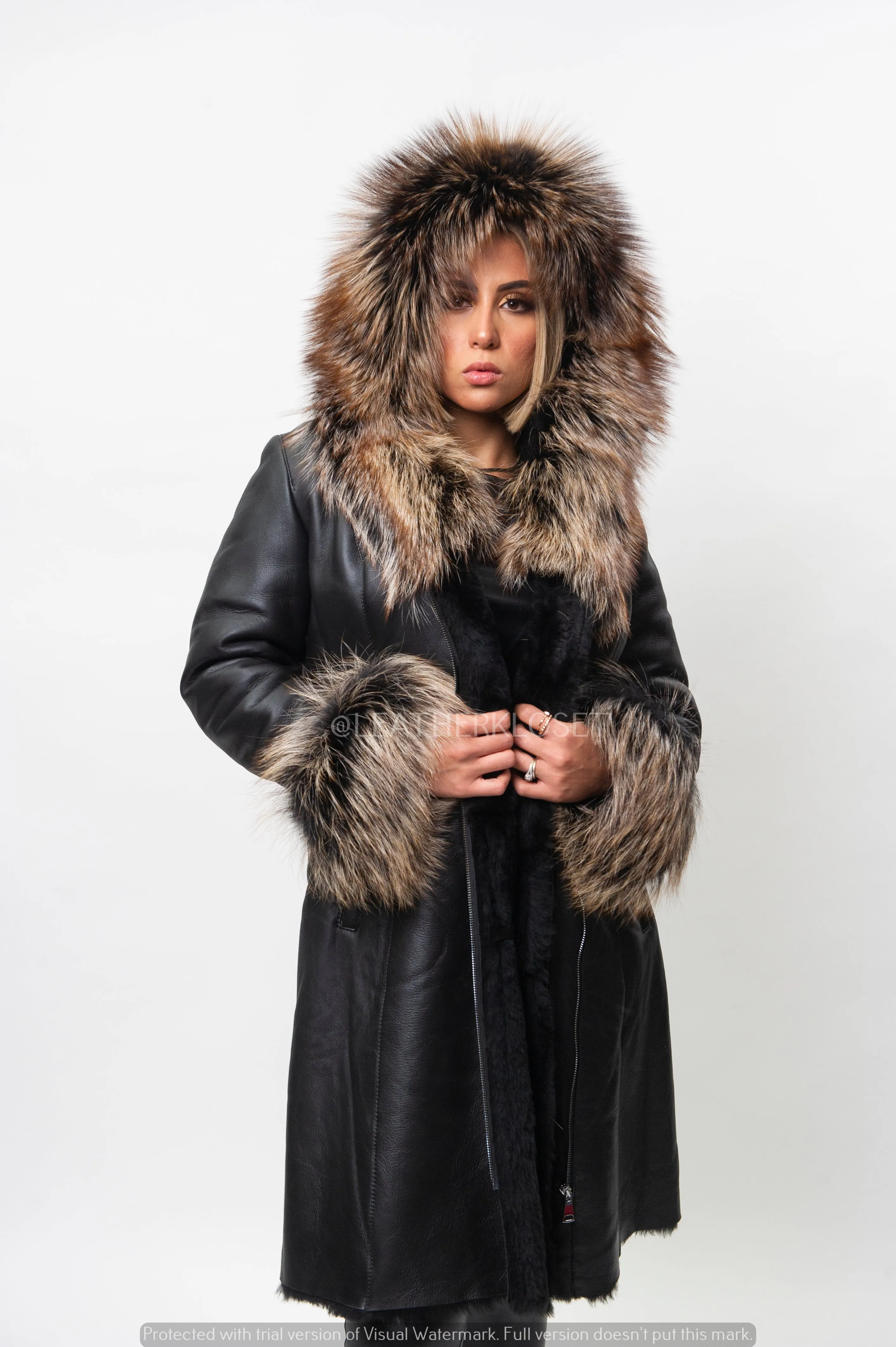 Women's Real Sheepskin 3/4 Coat With Fox