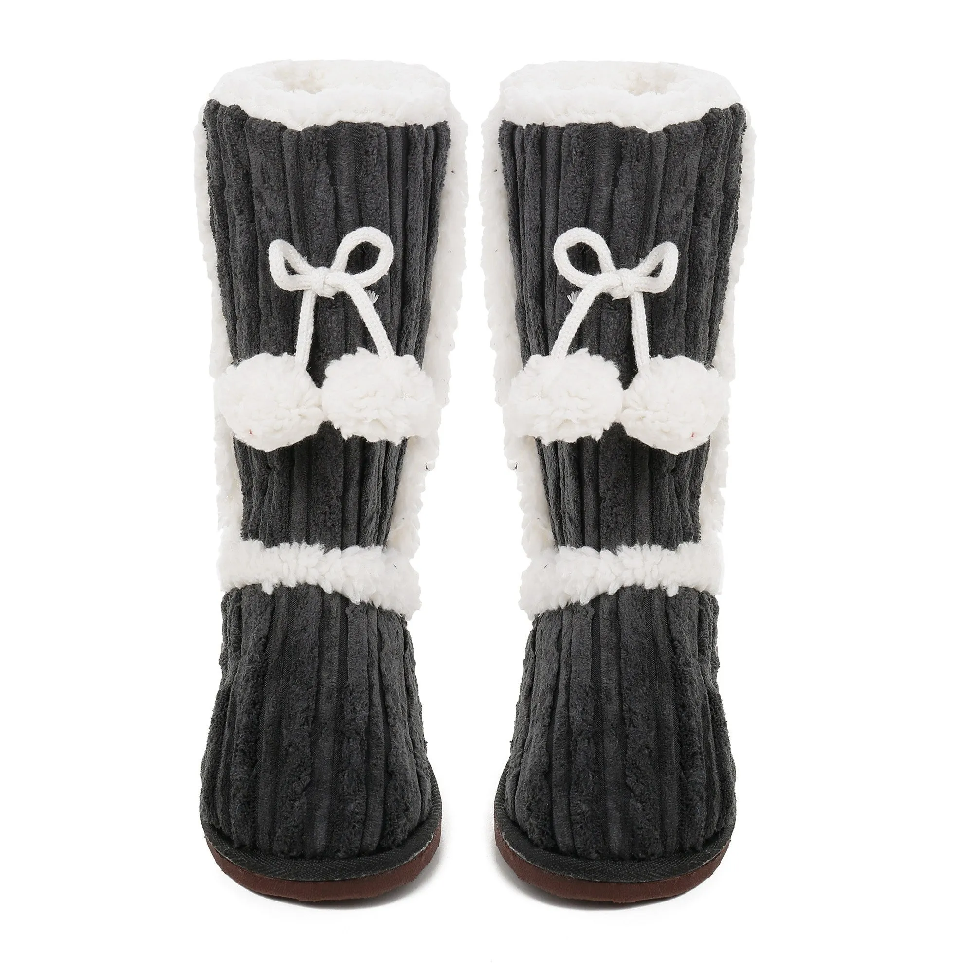 Women's Textured Shearling Tall Boot Slipper with Pom Detail