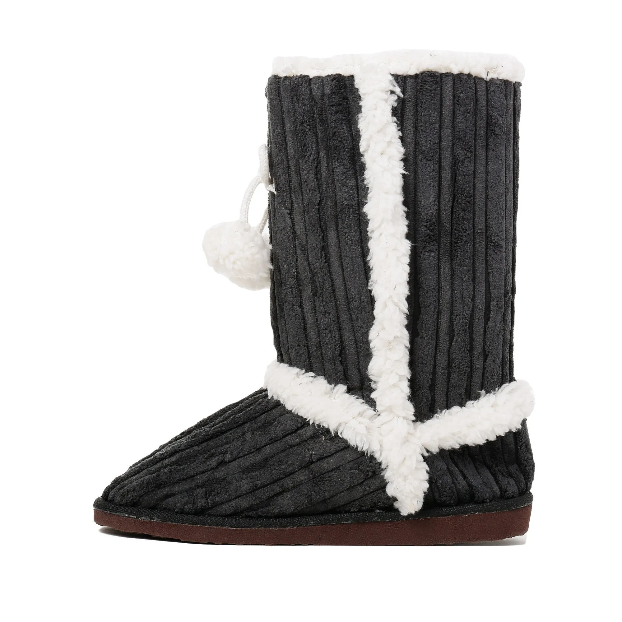 Women's Textured Shearling Tall Boot Slipper with Pom Detail