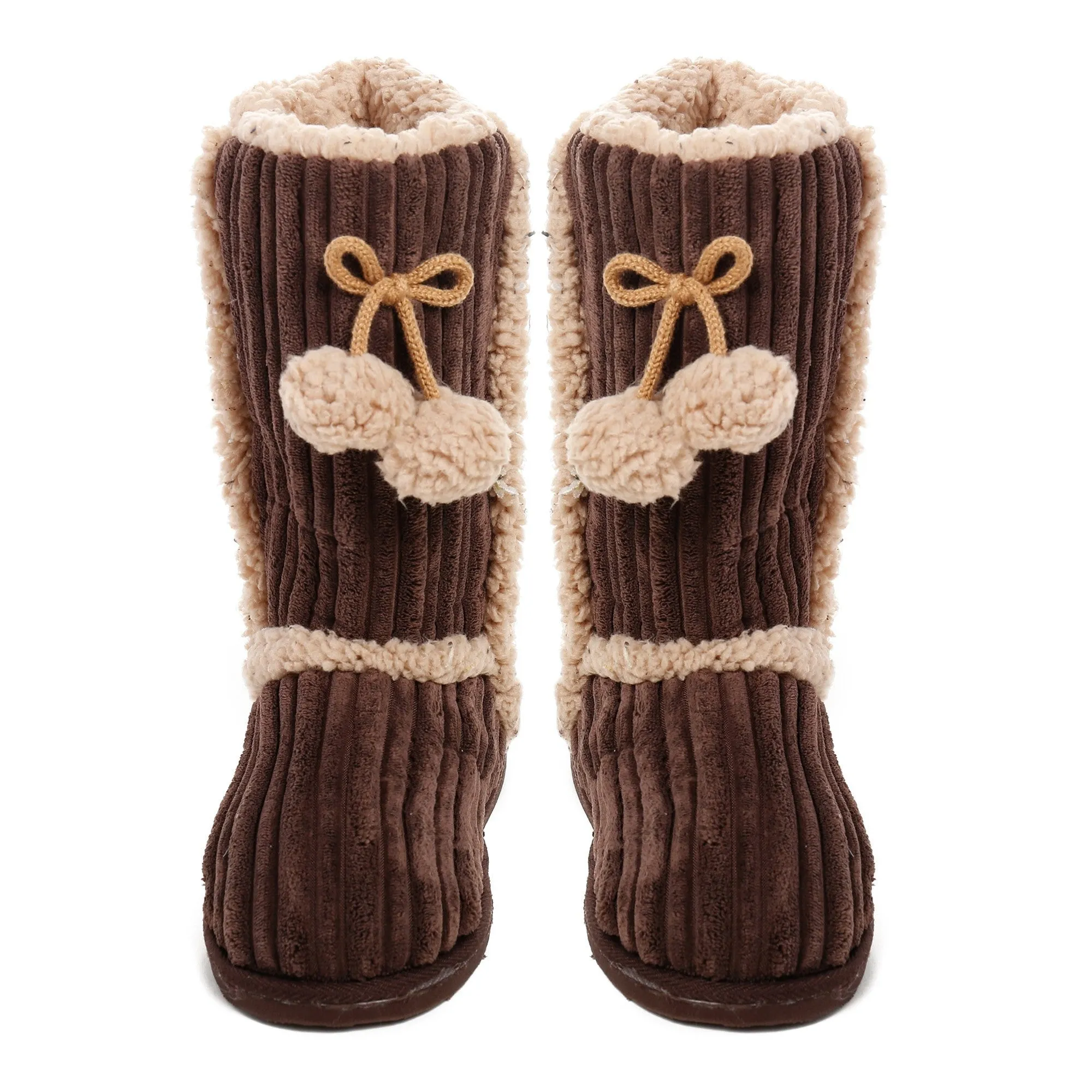 Women's Textured Shearling Tall Boot Slipper with Pom Detail