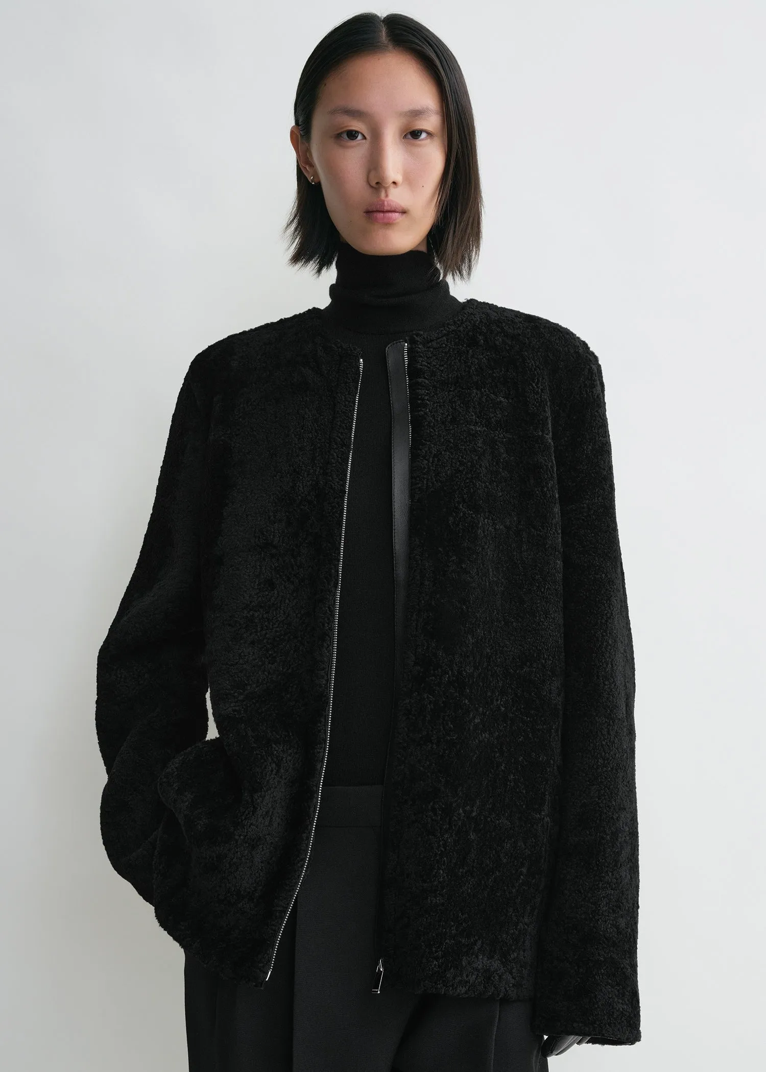 Zipped teddy shearling jacket black